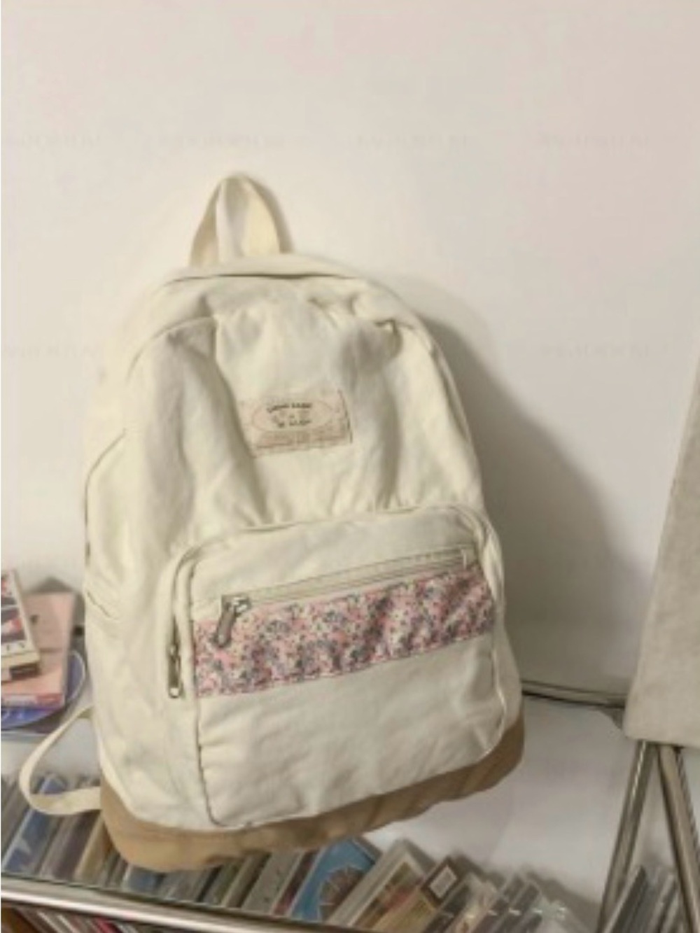 Cream Canvas Backpack with Floral Front Pocket - Women's Casual Daypack